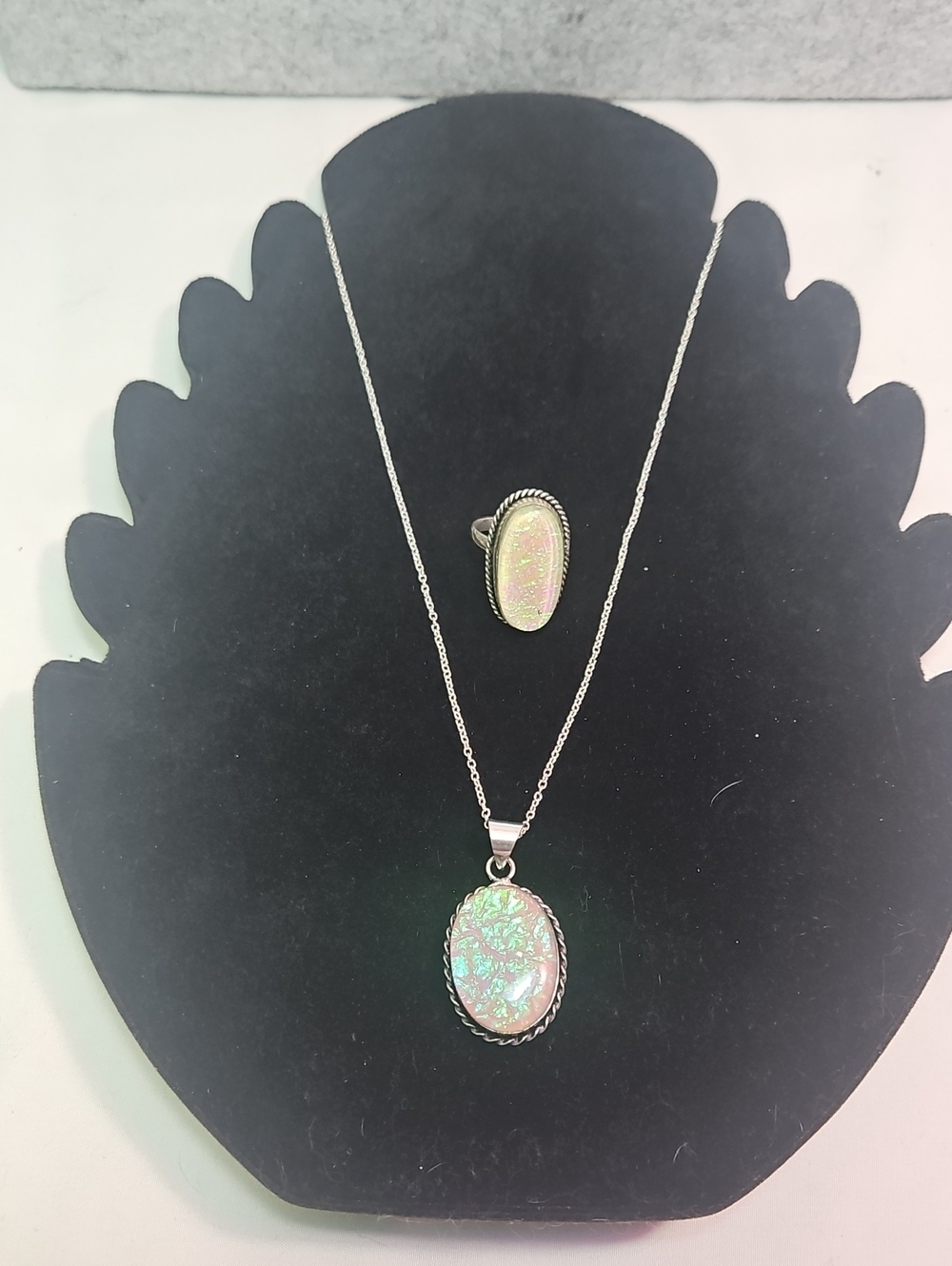 Silver-Tone Iridescent Opal Pendant Necklace and Ring Set